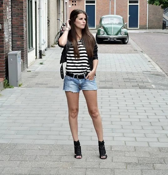 Black and White Striped T Shirt with Short Leather Jacket & Denim Shorts