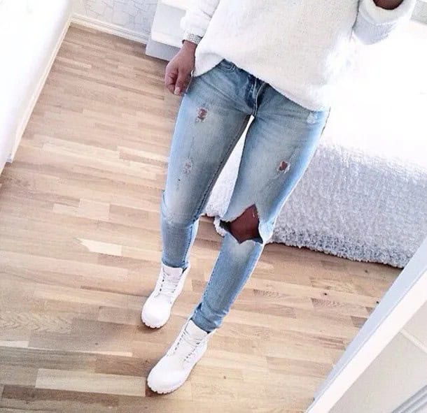 White Relaxed Fit Knit Sweater with Light Blue Ripped Jeans & Boots