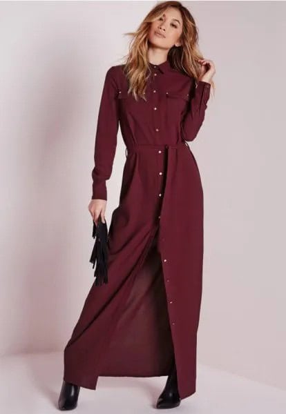 Maxi Burgundy Belted Shirt Dress