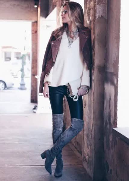 Black Biker Jacket with White V Neck Sweater & Leather Winter Leggings