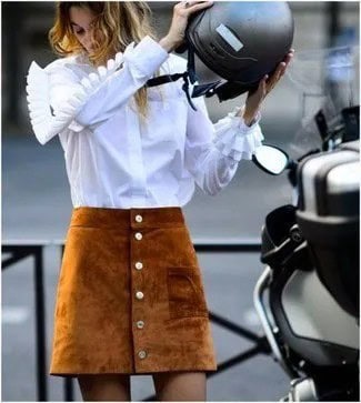 White Shirt with Green Suede High Waisted Button Front Skirt