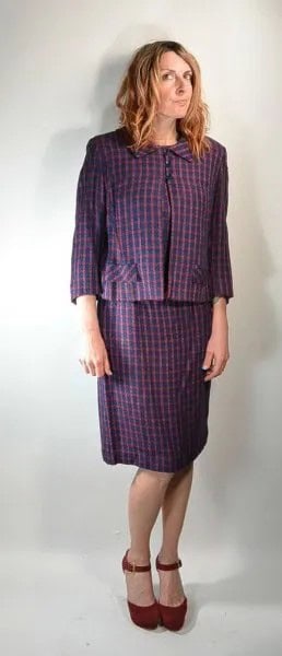 Grey Plaid Blazer with Matching Straight Cut Knee Length Skirt