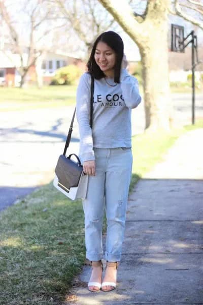 Sweater with Light Blue Cuffed Boyfriend Jeans & Blush Pink Open Toe Short Boots