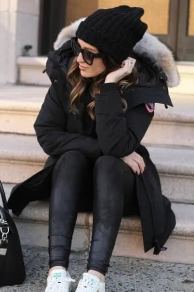 Black Fur Collar Longline Parka Jacket with Leather Leggings