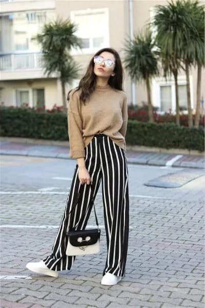 Blush Pink Sweater with Black and White Striped Wide Leg Pants