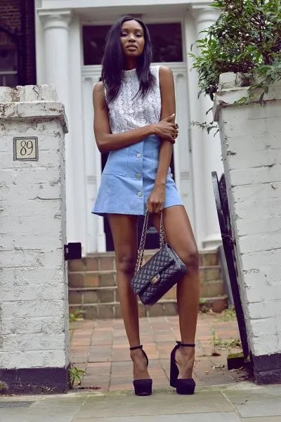 White Mock Neck Sleeveless Top with Sky Blue Mini Skater Button Down Skirt