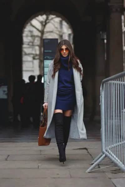 Navy Blue Knit Dress with Grey Maxi Blazer & Thigh High Boots