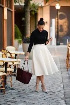 Black Button Up Shirt with White High Waisted Midi Skirt