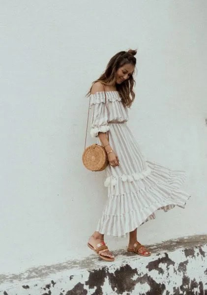 White and Pale Pink Striped Off The Shoulder Ruffle Long Dress