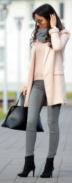 White Ribbed Sweater with Grey Skinny Jeans & Heeled Ankle Boots