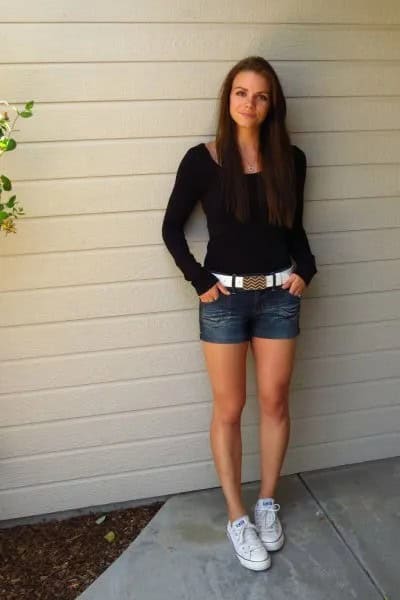 Black Form Fitting Sweater with Denim Shorts & White Belt