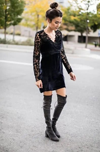 Black Lace Mini Dress with Grey Velvet Over The Knee Boots