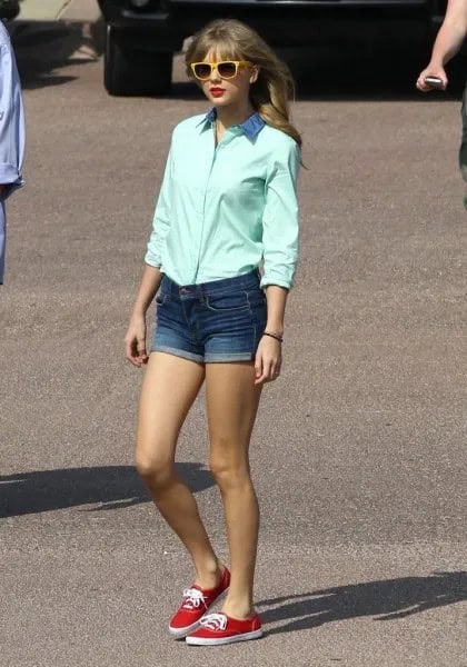 White Shirt, Denim Shorts with Red Canvas Shoes