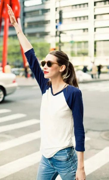 Navy and White Baseball Style Shirt with Light Blue Skinny Jeans