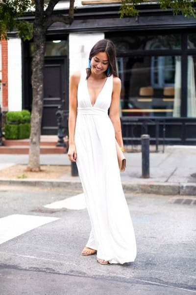 White Deep V Neck Gathered Waist Maxi Dress with Silver Heels