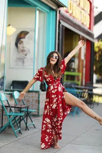 Red Floral Maxi Belted Wrap Dress