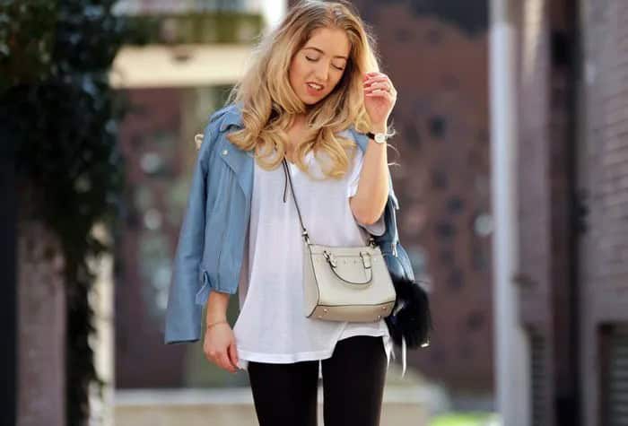 White Semi-Sheer Oversized T Shirt with Teal Leather Jacket