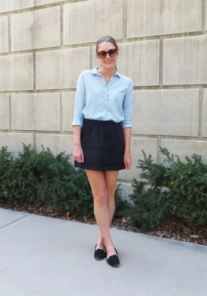 Light Blue Half Sleeve Blouse with Black Mini Skirt