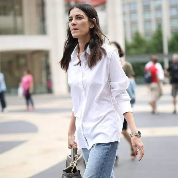 White Button Up Oversized Formal Shirt with Blue Straight Leg Jeans