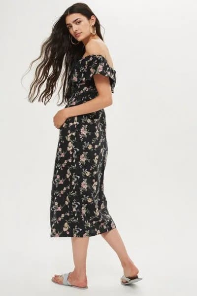 Black and Blush Floral Printed Midi Bardot Dress