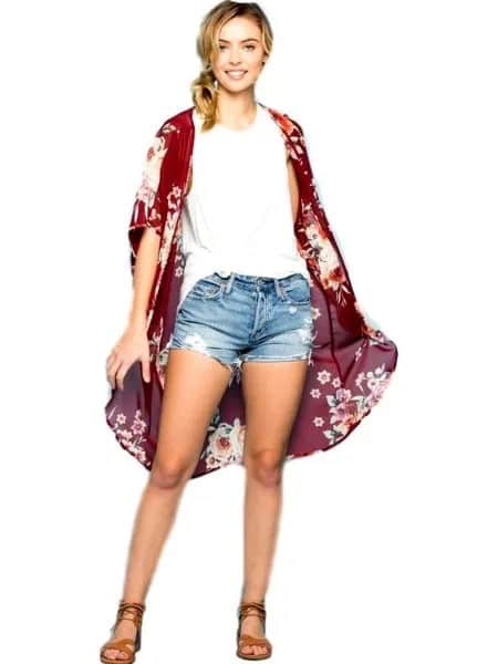 Black Floral Printed Longline Sheer Cardigan with White Sleeveless Top & Denim Shorts