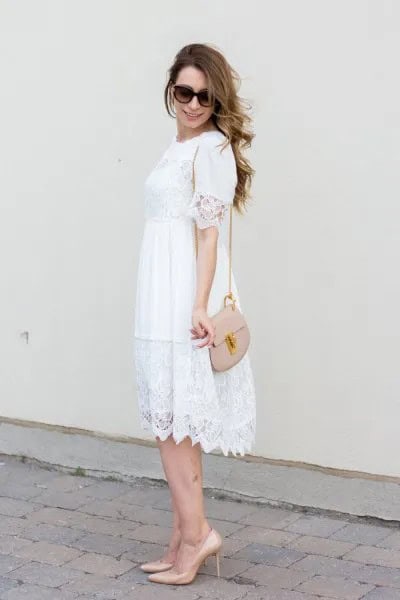 White Scalloped Hem Babydoll Midi Dress with Pale Pink Shoulder Bag