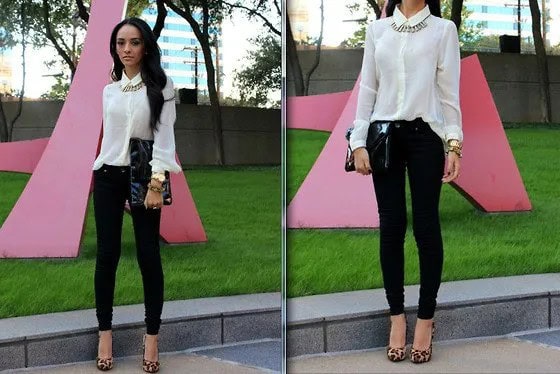 White Button Up Sheer Shirt with Black Skinny Jeans  & Leopard Print Heels