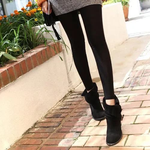 Black Suede Fold Over Ankle Boots with Grey Dress & Black Leggings