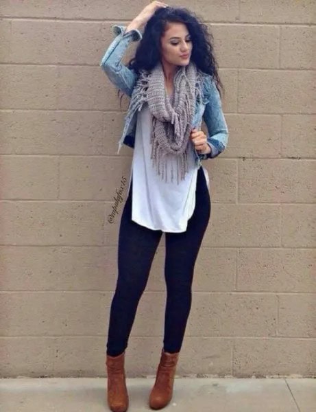 Short Denim Jacket with Long White Blouse & Black Leggings