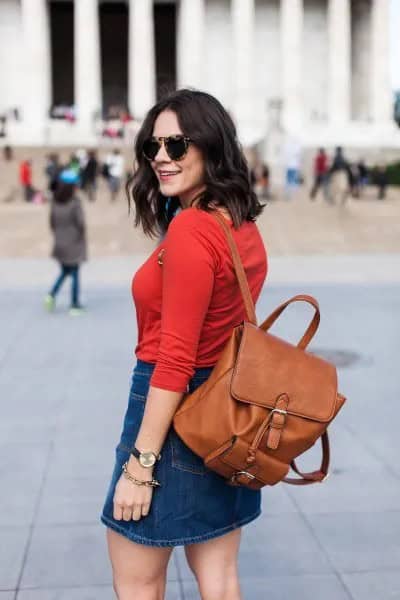 Orange Fitted Top with Blue High Rise Mini Denim Skirt