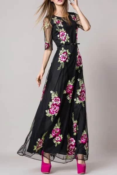 Black Gathered Waist Maxi Floral Dress