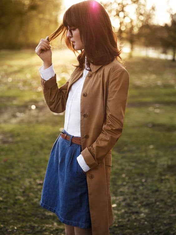 Trench Coat + Denim Skirt