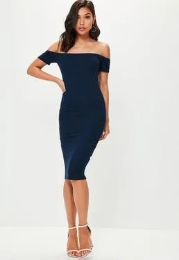 Navy Off The Shoulder Midi Dress with White Open Toe Heels