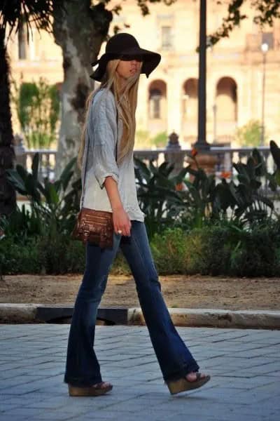 Grey and White Tie Dye Linen Shirt with Flared Jeans