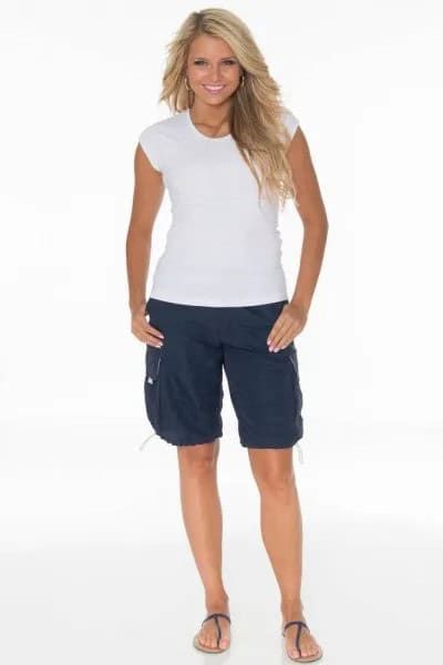 White Cap Sleeve Tee with Navy Long Cargo Shorts