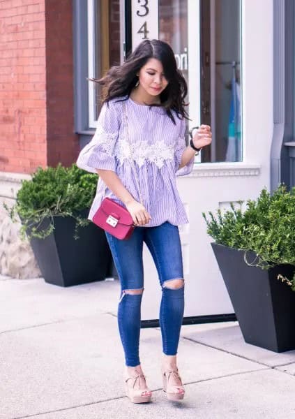 Blue and White Striped Bell Sleeve Blouse with Ripped Jeans