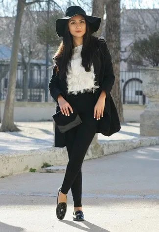 Floppy Black Hat with Wool Coat & Faux Fur Blouse