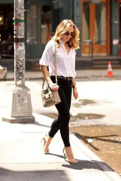 White Half Sleeve Button Up Shirt with Black Cropped Skinny Jeans