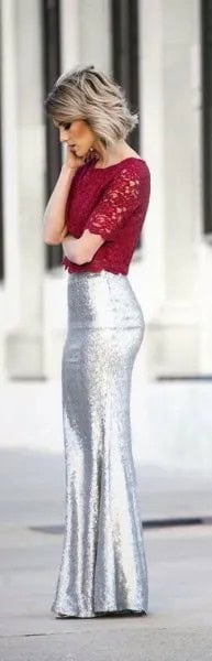 Red Lace Crop Top with Silver Mermaid Skirt