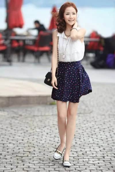 White Chiffon Sleeveless Shirt with Black Chiffon Skater Skirt