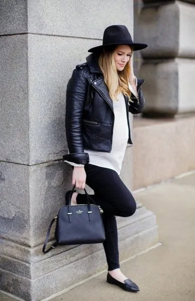 Black Leather Hat with Biker Jacket & White Tunic Button Up Shirt