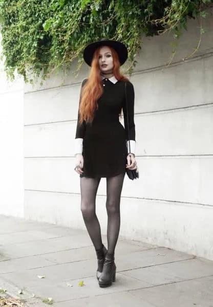 Felt Hat with Mini Skater Dress & Grey Boots