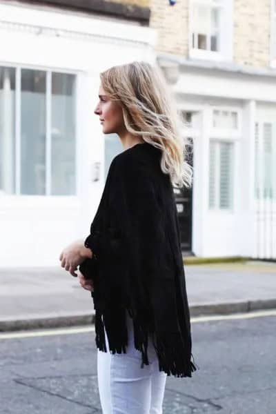 Black Fringe Poncho with White Skinny Jeans