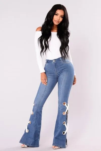 White Top & Bell Button Jeans with Lace Up Details