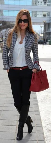 Wear with Grey Plaid Tweed Blazer and White Cowl Neck Blouse