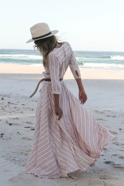 White and Pale Pink Striped Ruffle Summer Dress