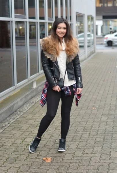 Black Biker Jacket with Brown Faux Fur Collar