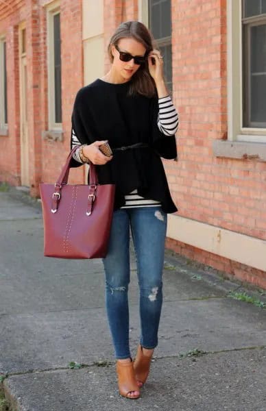 Black Wide Sleeve Sweater over Striped Long Sleeve Tee