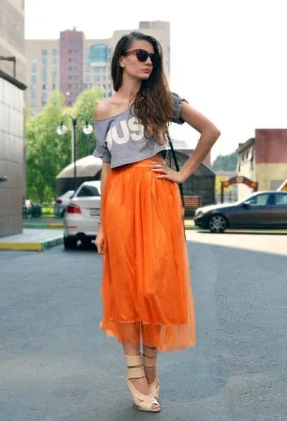 Chiffon Midi High Low Skirt with One Shoulder Print Tee