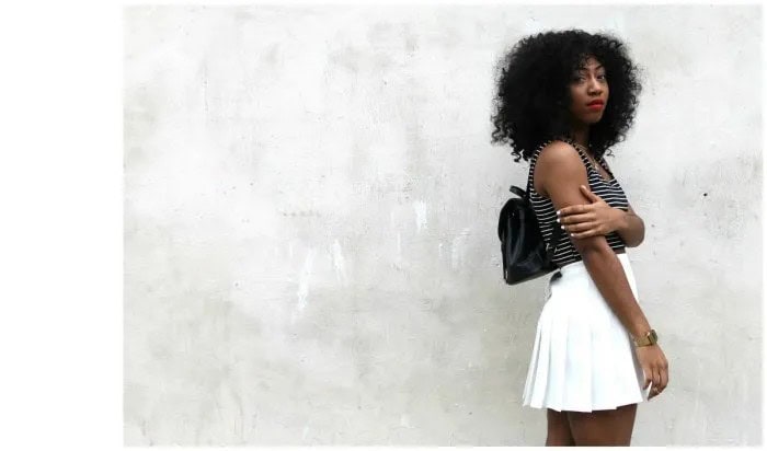 White Tennis Skirt with Black and White Striped Vest Top